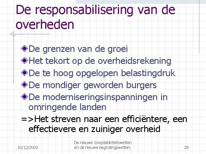 De responsabilisering van de overheden De grenzen van de groei Het tekort op de