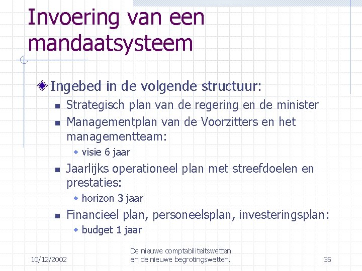 Invoering van een mandaatsysteem Ingebed in de volgende structuur: Strategisch plan van de regering