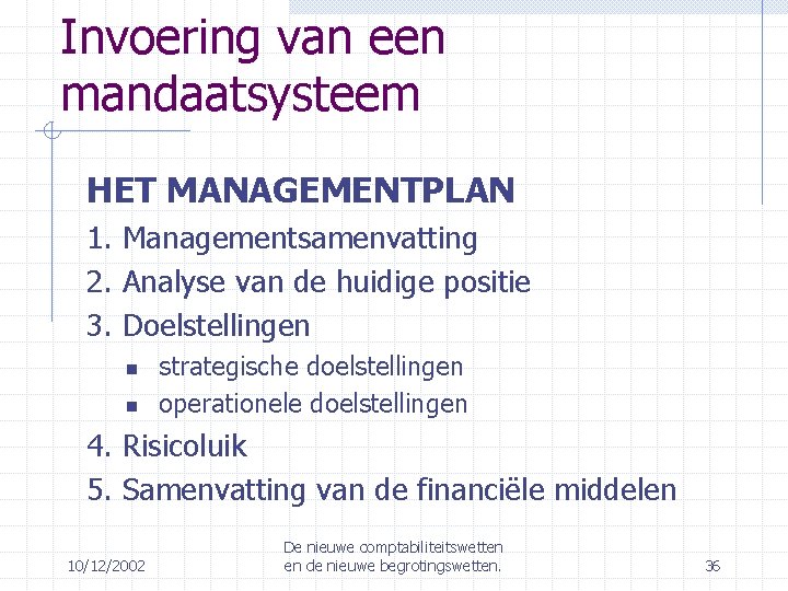 Invoering van een mandaatsysteem HET MANAGEMENTPLAN 1. Managementsamenvatting 2. Analyse van de huidige positie