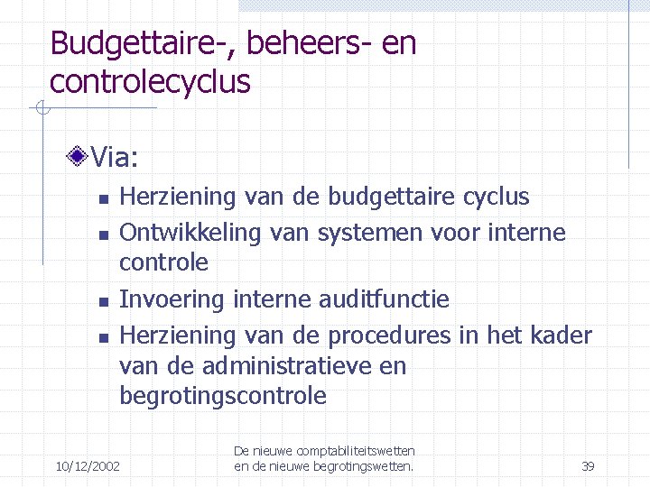 Budgettaire-, beheers- en controlecyclus Via: Herziening van de budgettaire cyclus Ontwikkeling van systemen voor