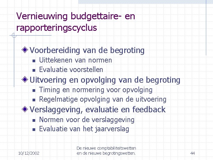 Vernieuwing budgettaire- en rapporteringscyclus Voorbereiding van de begroting Uittekenen van normen Evaluatie voorstellen Uitvoering