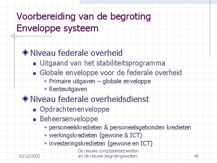 Voorbereiding van de begroting Enveloppe systeem Niveau federale overheid Uitgaand van het stabiliteitsprogramma Globale