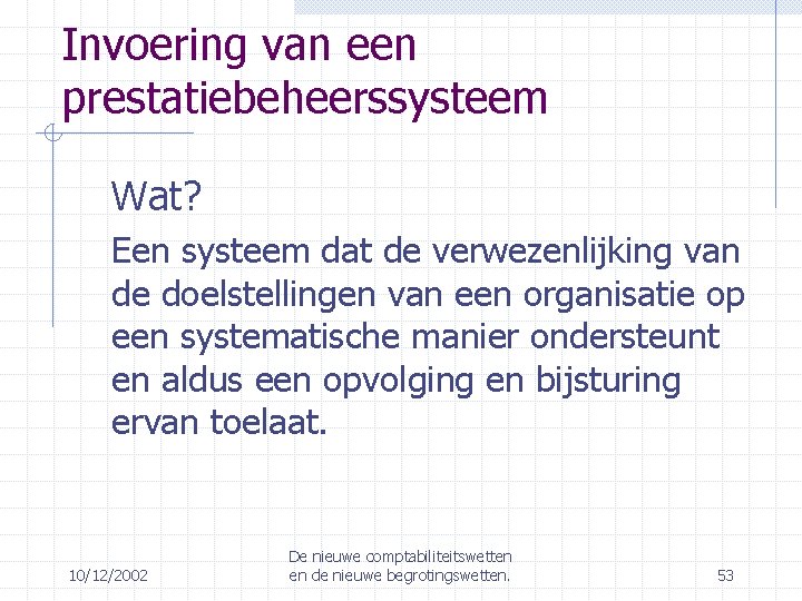 Invoering van een prestatiebeheerssysteem Wat? Een systeem dat de verwezenlijking van de doelstellingen van