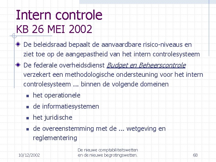 Intern controle KB 26 MEI 2002 De beleidsraad bepaalt de aanvaardbare risico-niveaus en ziet