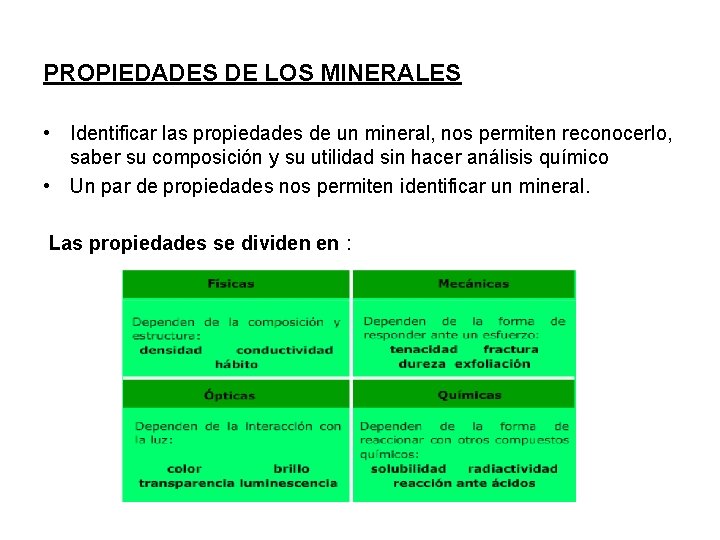 PROPIEDADES DE LOS MINERALES • Identificar las propiedades de un mineral, nos permiten reconocerlo,