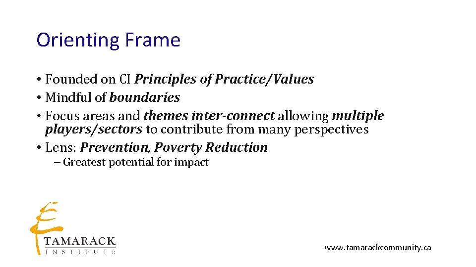 Orienting Frame • Founded on CI Principles of Practice/Values • Mindful of boundaries •