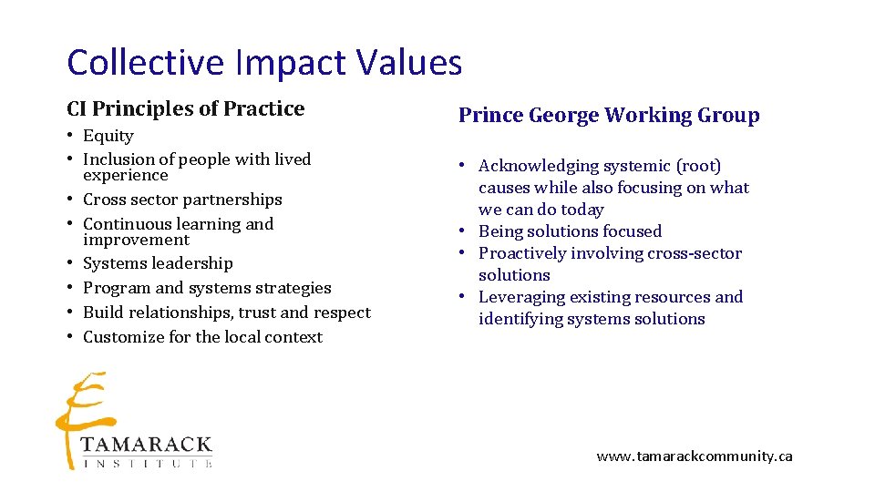 Collective Impact Values CI Principles of Practice • Equity • Inclusion of people with