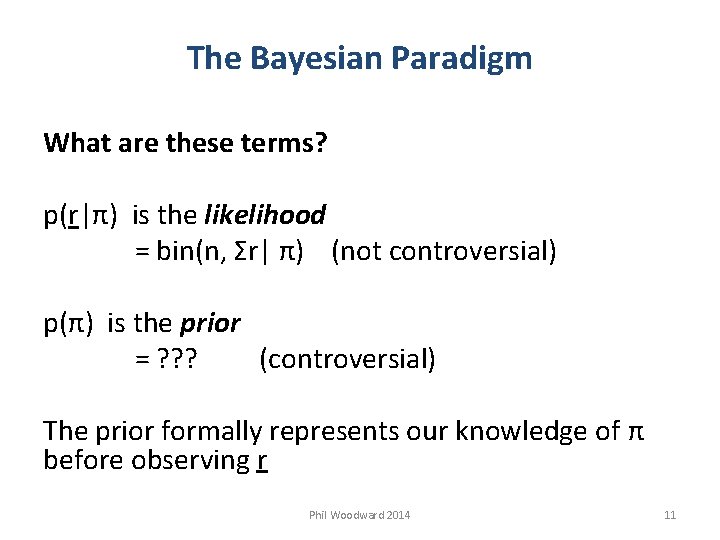 The Bayesian Paradigm What are these terms? p(r|π) is the likelihood = bin(n, Σr|