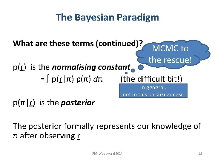 The Bayesian Paradigm What are these terms (continued)? MCMC to the rescue! p(r) is