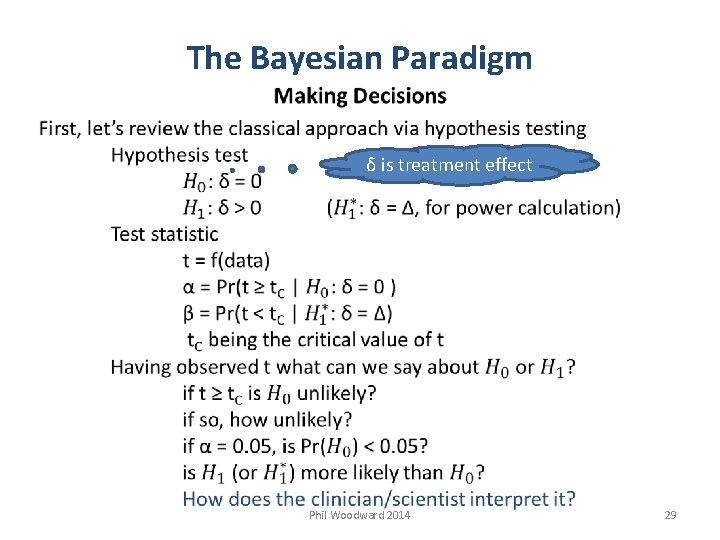 The Bayesian Paradigm δ is treatment effect Phil Woodward 2014 29 