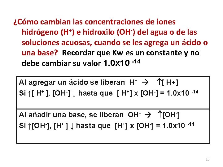 ¿Cómo cambian las concentraciones de iones hidrógeno (H+) e hidroxilo (OH-) del agua o