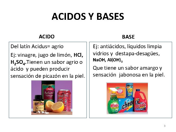 ACIDOS Y BASES ACIDO BASE Del latín Acidus= agrio Ej: vinagre, jugo de limón,