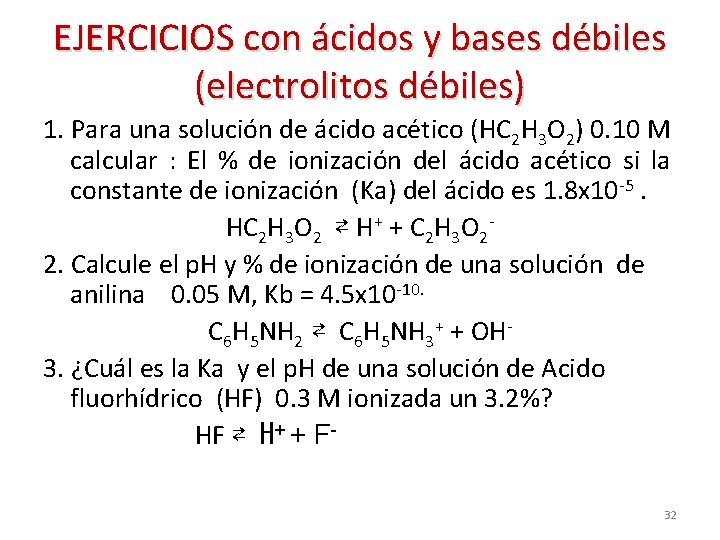 EJERCICIOS con ácidos y bases débiles (electrolitos débiles) 1. Para una solución de ácido