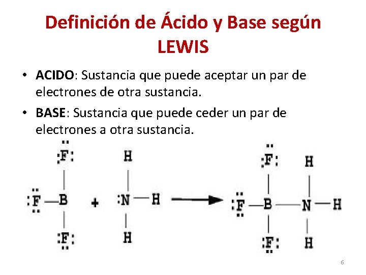 Definición de Ácido y Base según LEWIS • ACIDO: Sustancia que puede aceptar un