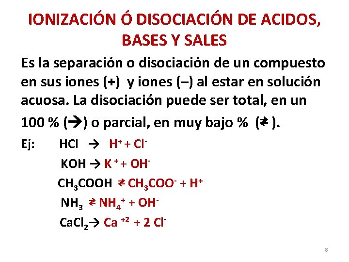 IONIZACIÓN Ó DISOCIACIÓN DE ACIDOS, BASES Y SALES Es la separación o disociación de