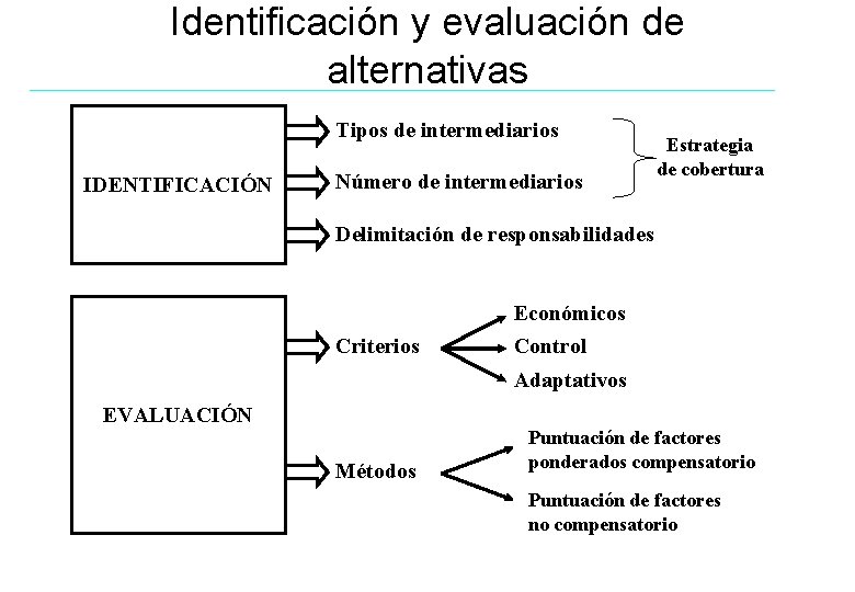 Identificación y evaluación de alternativas Tipos de intermediarios IDENTIFICACIÓN Número de intermediarios Estrategia de