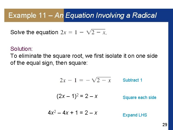 Example 11 – An Equation Involving a Radical Solve the equation Solution: To eliminate