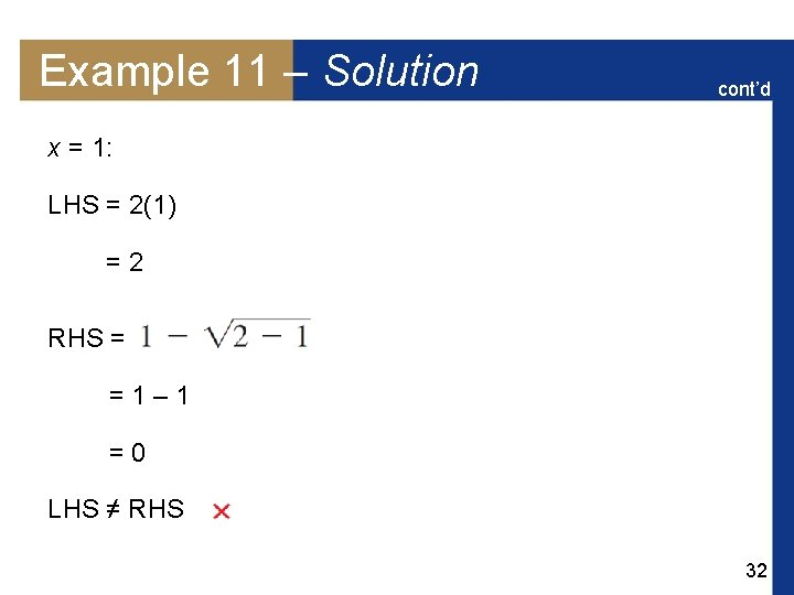 Example 11 – Solution cont’d x = 1: LHS = 2(1) =2 RHS =