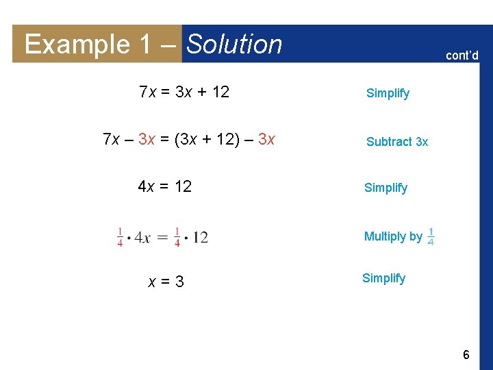 Example 1 – Solution 7 x = 3 x + 12 7 x –