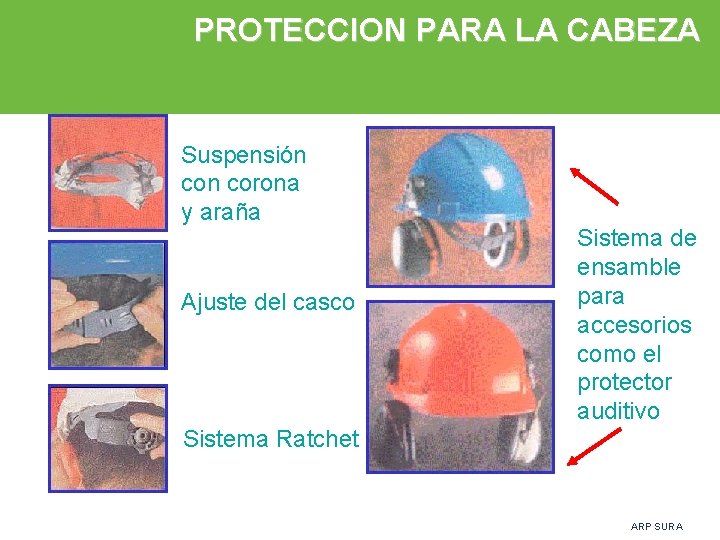 PROTECCION PARA LA CABEZA Suspensión corona y araña Ajuste del casco Sistema de ensamble