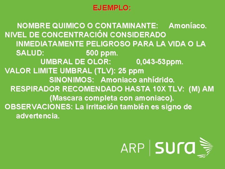 EJEMPLO: NOMBRE QUIMICO O CONTAMINANTE: Amoníaco. NIVEL DE CONCENTRACIÓN CONSIDERADO INMEDIATAMENTE PELIGROSO PARA LA