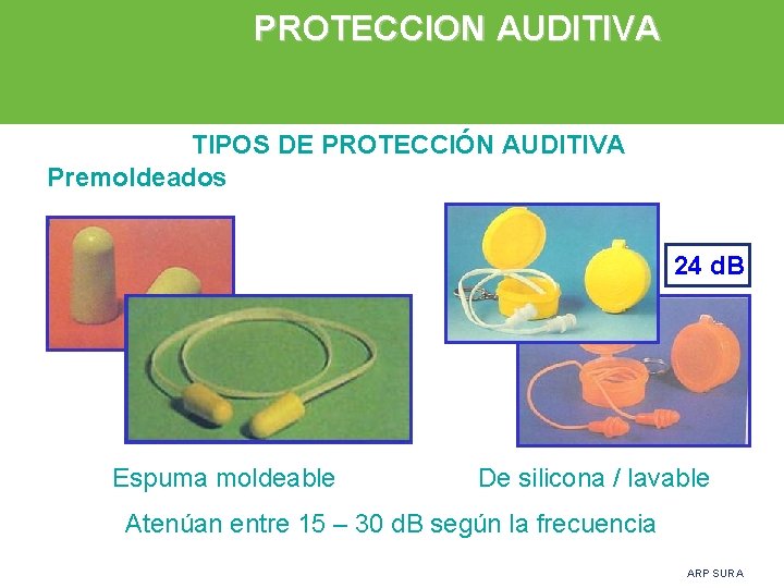 PROTECCION AUDITIVA TIPOS DE PROTECCIÓN AUDITIVA Premoldeados 24 d. B Espuma moldeable De silicona