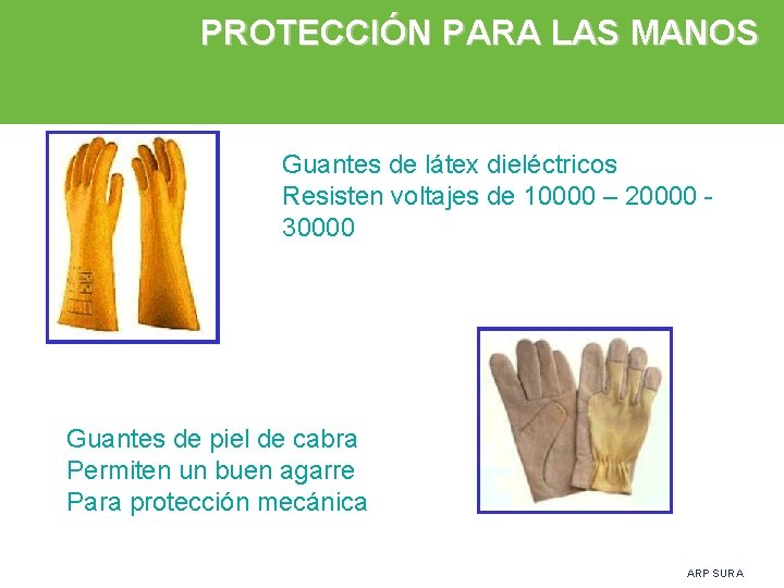 PROTECCIÓN PARA LAS MANOS Guantes de látex dieléctricos Resisten voltajes de 10000 – 20000