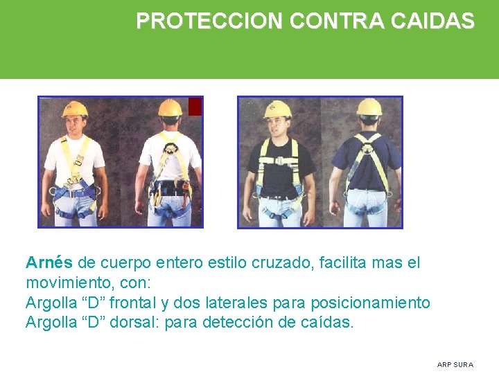 PROTECCION CONTRA CAIDAS Arnés de cuerpo entero estilo cruzado, facilita mas el Arnés movimiento,