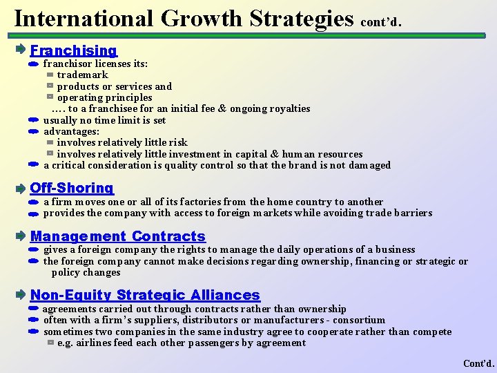 International Growth Strategies cont’d. Franchising franchisor licenses its: trademark products or services and operating