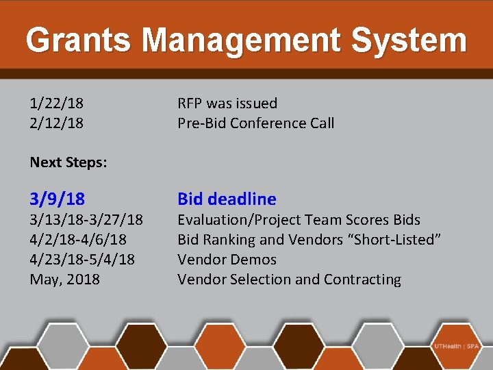 Grants Management System 1/22/18 2/12/18 RFP was issued Pre-Bid Conference Call Next Steps: 3/9/18