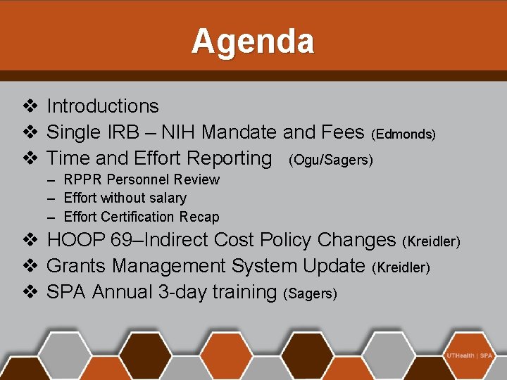 Agenda v Introductions v Single IRB – NIH Mandate and Fees (Edmonds) v Time