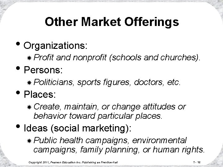 Other Market Offerings • Organizations: Profit and nonprofit (schools and churches). • Persons: Politicians,