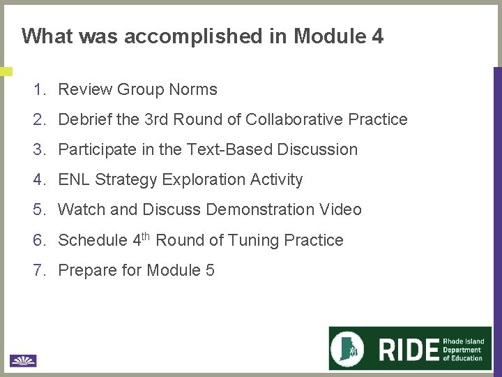 What was accomplished in Module 4 1. Review Group Norms 2. Debrief the 3