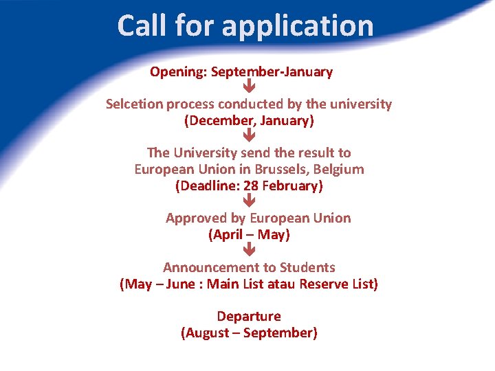 Call for application Opening: September-January Selcetion process conducted by the university (December, January) The