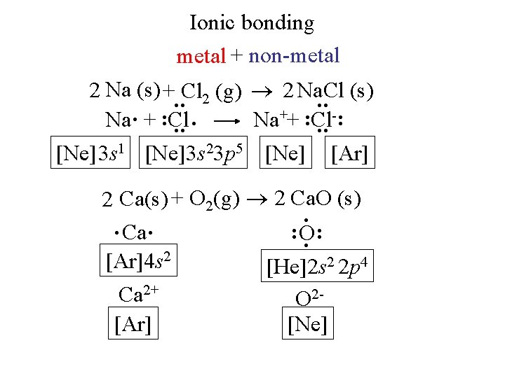 Ionic bonding metal + non-metal : : 2 Na (s) + Cl 2 (g)