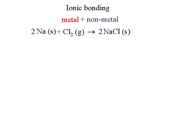 Ionic bonding metal + non-metal 2 Na (s) + Cl 2 (g) 2 Na.