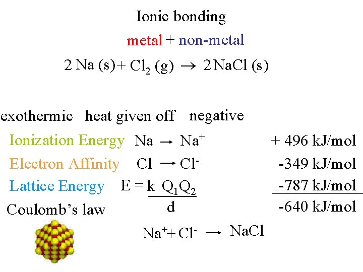 Ionic bonding metal + non-metal 2 Na (s) + Cl 2 (g) 2 Na.