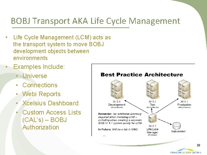 BOBJ Transport AKA Life Cycle Management • Life Cycle Management (LCM) acts as the