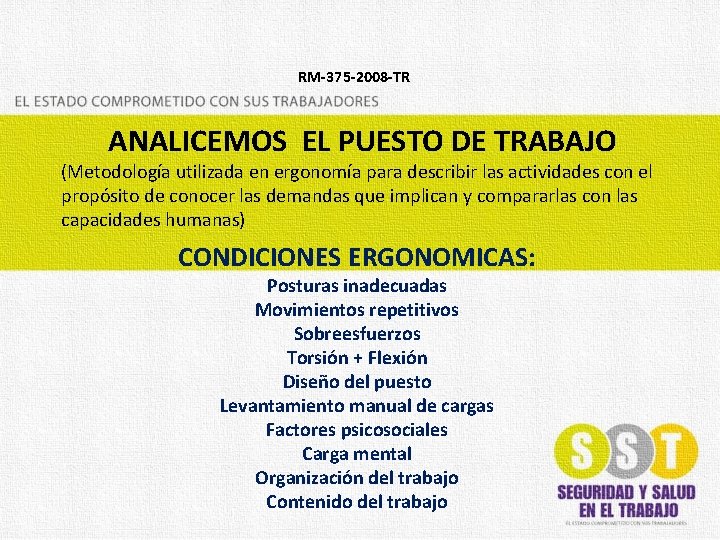 RM-375 -2008 -TR ANALICEMOS EL PUESTO DE TRABAJO (Metodología utilizada en ergonomía para describir