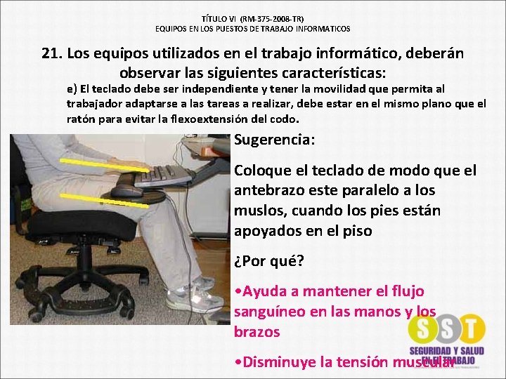 TÍTULO VI (RM-375 -2008 -TR) EQUIPOS EN LOS PUESTOS DE TRABAJO INFORMATICOS 21. Los