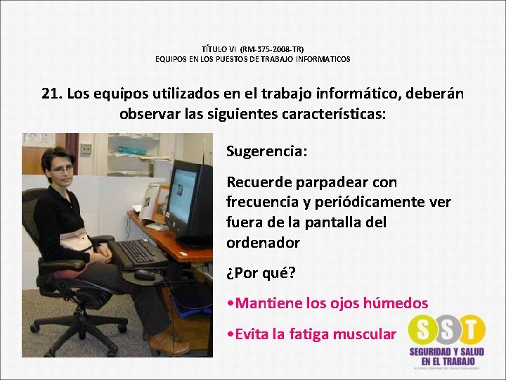 TÍTULO VI (RM-375 -2008 -TR) EQUIPOS EN LOS PUESTOS DE TRABAJO INFORMATICOS 21. Los