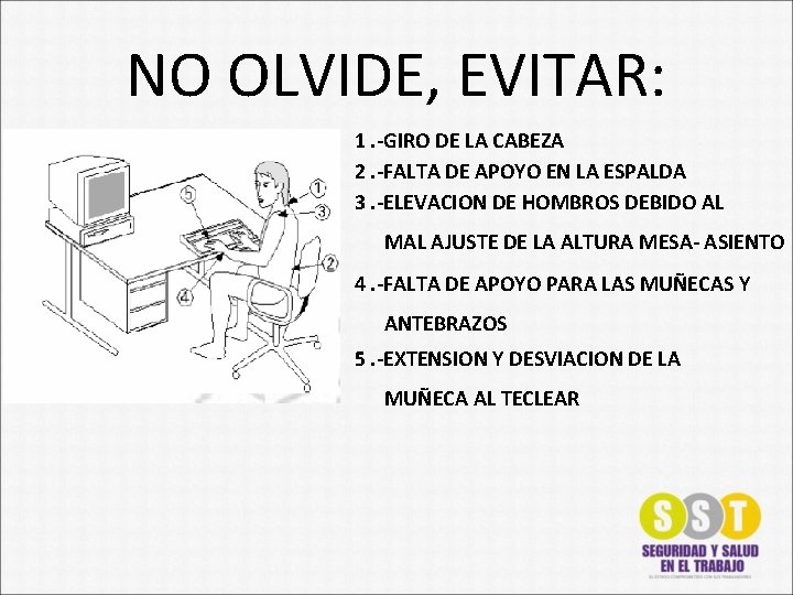 NO OLVIDE, EVITAR: 1. -GIRO DE LA CABEZA 2. -FALTA DE APOYO EN LA