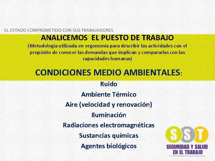 ANALICEMOS EL PUESTO DE TRABAJO (Metodología utilizada en ergonomía para describir las actividades con