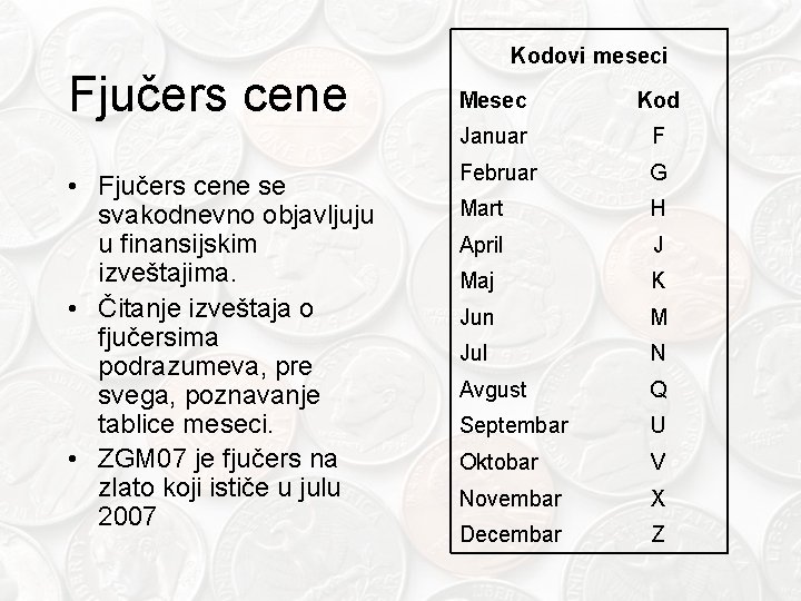 Fjučers cene • Fjučers cene se svakodnevno objavljuju u finansijskim izveštajima. • Čitanje izveštaja