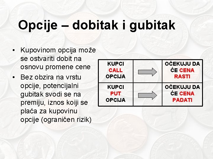 Opcije – dobitak i gubitak • Kupovinom opcija može se ostvariti dobit na osnovu