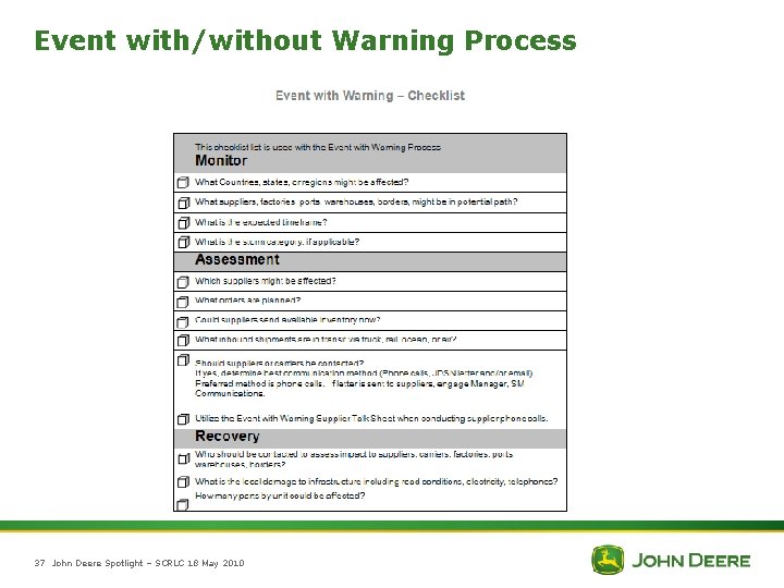 Event with/without Warning Process 37 John Deere Spotlight – SCRLC 18 May 2010 