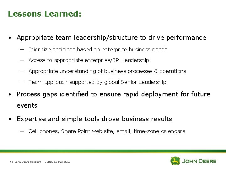 Lessons Learned: • Appropriate team leadership/structure to drive performance — Prioritize decisions based on