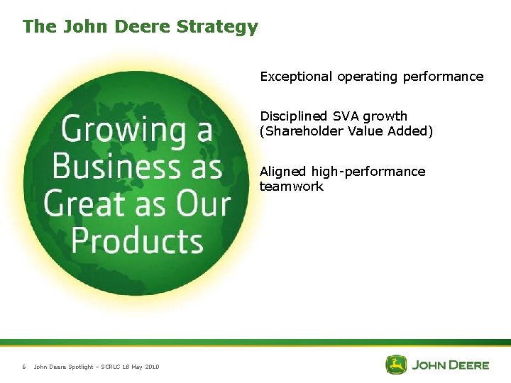 The John Deere Strategy Exceptional operating performance Disciplined SVA growth (Shareholder Value Added) Aligned