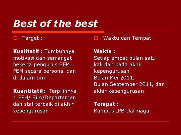 Best of the best o Target : o Waktu dan Tempat : Kualitatif :