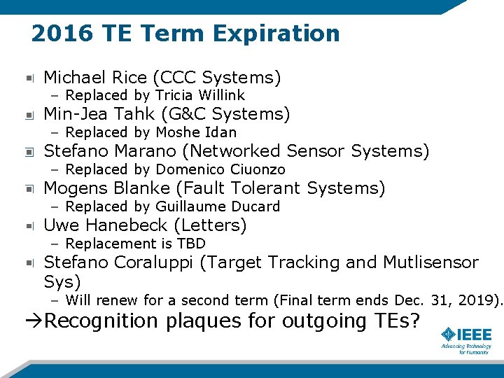 2016 TE Term Expiration Michael Rice (CCC Systems) – Replaced by Tricia Willink Min-Jea